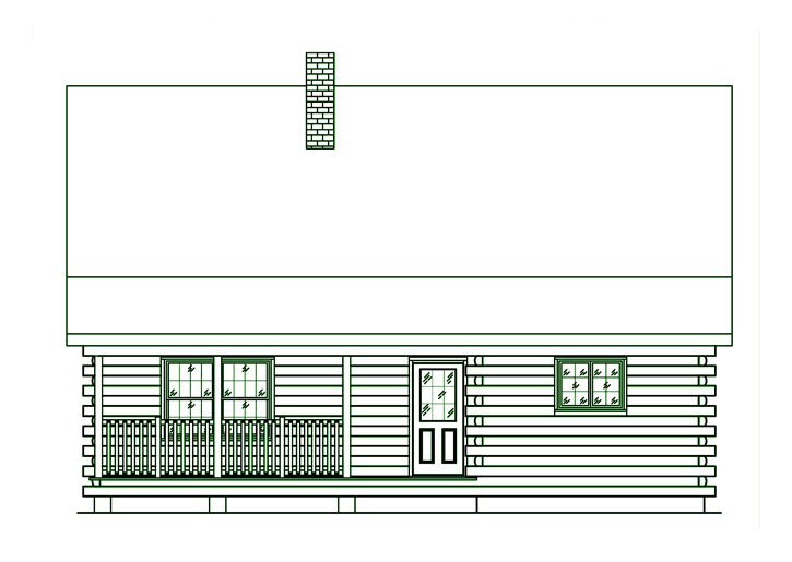 Front view of the 5442 log home plan with porch.