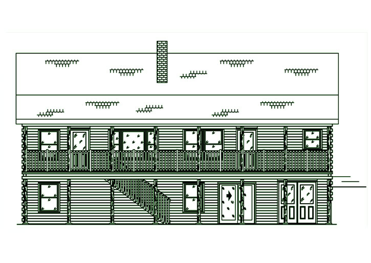 Front view of a two-story log home with balcony and stairs.