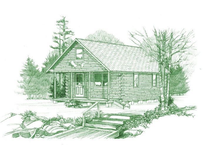 Sketch of a small log cabin with trees and shrubs.