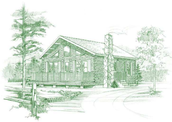 Illustration of Bretton Woods log home with deck and chimney