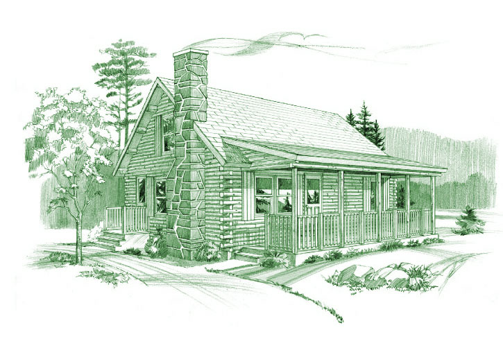 Sketch of a log home with front porch and chimney