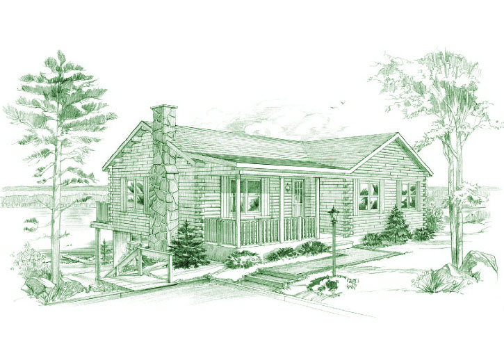 Sketch of a log home with porch and chimney