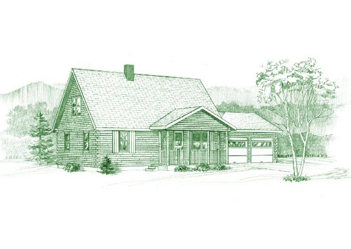 Illustration of Cedar Falls log home with garage