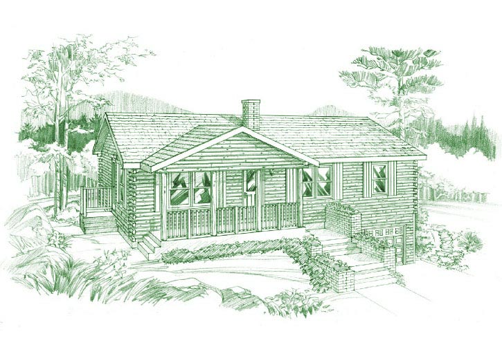 Illustration of Cedar Grove log home exterior with porch