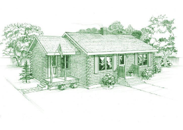Illustration of Cedar Heights log home exterior.