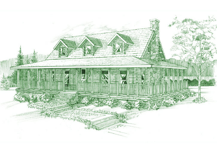 Sketch of Charleston log home with wrap-around porch