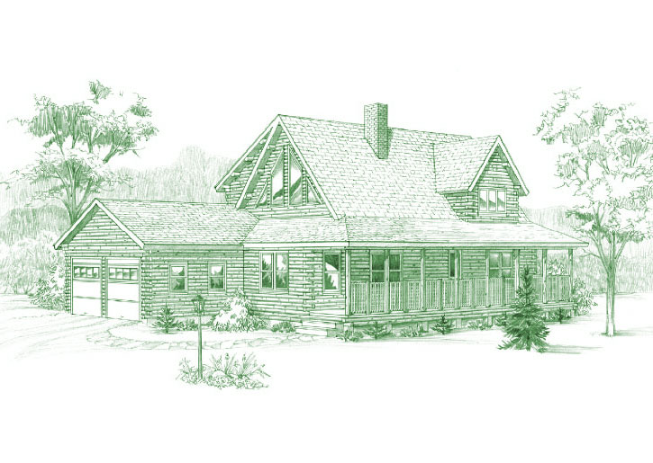 Illustration of Coopersburg log home with porch and gables
