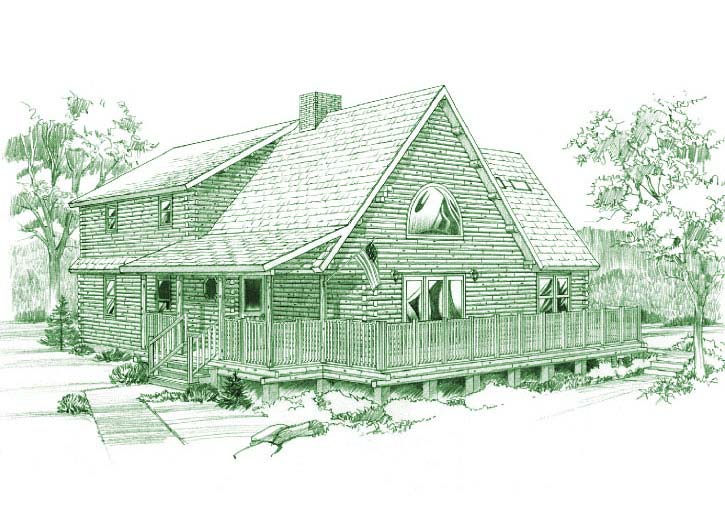 Sketch of Darlington log home with wrap-around deck.