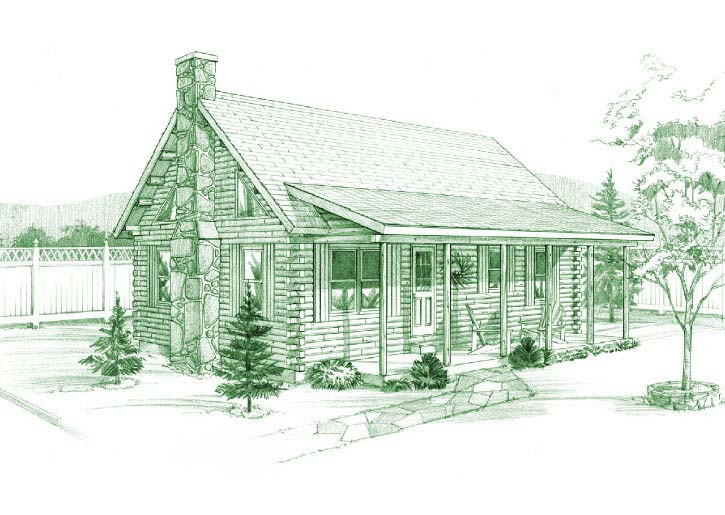 Illustration of a log home with stone chimney and porch