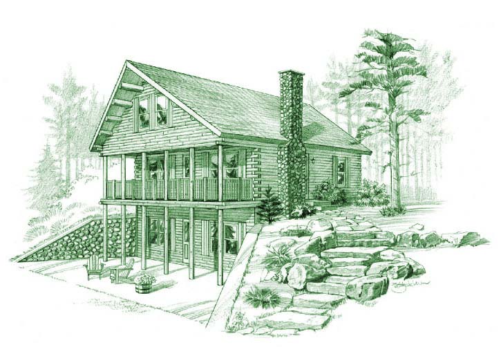Illustration of Easton log home with porch and stone chimney