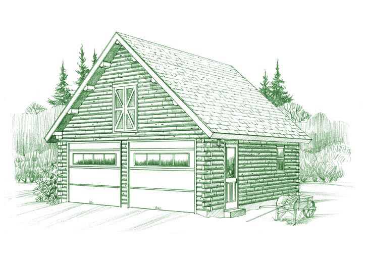 Two-car gable garage with loft and log exterior.