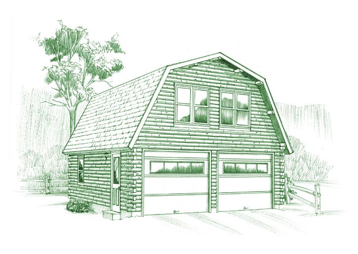 Illustration of a Gambrel garage with loft and two doors