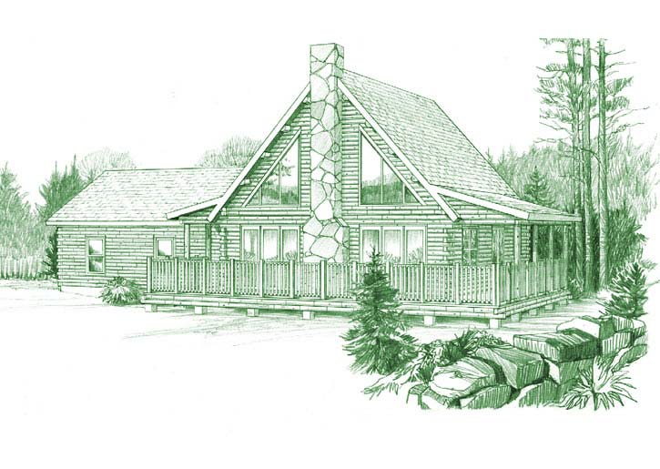 Sketch of Georgetown log home with large deck and chimney