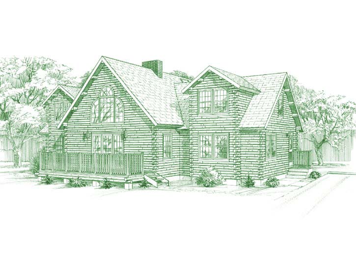 Sketch of a cedar log home with two stories and large windows.