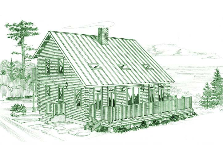 Illustration of a log home with a salt box roof and deck.