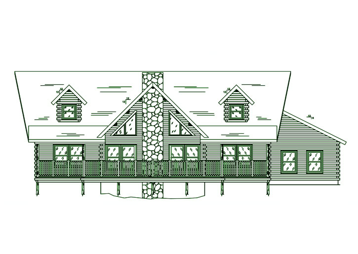 Illustration of the Indy log home with porch and stone chimney.