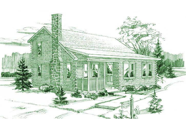 Illustration of a log home with stone chimney and porch.