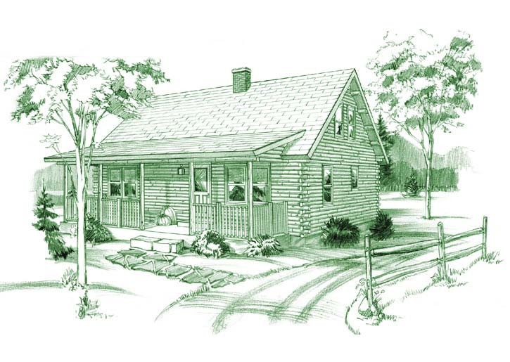 Sketch of Lexington log home with trees and porch