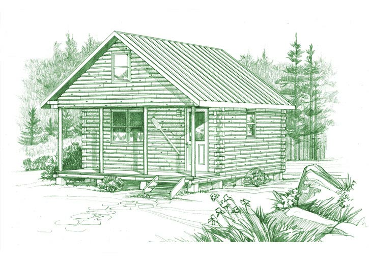 Small log cabin with gable porch in forest setting