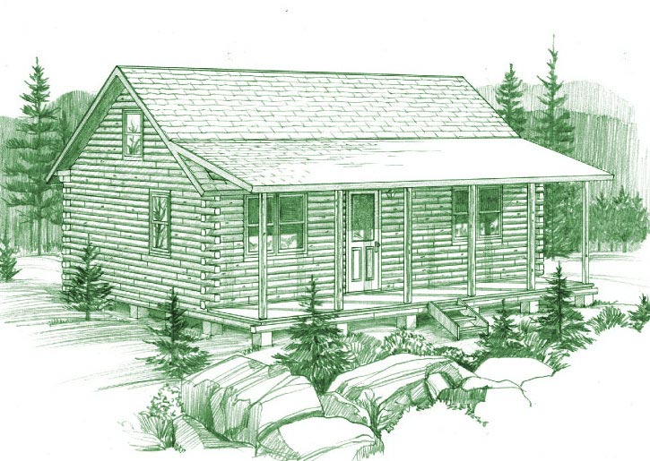 Illustration of a small log cabin with porch and trees.