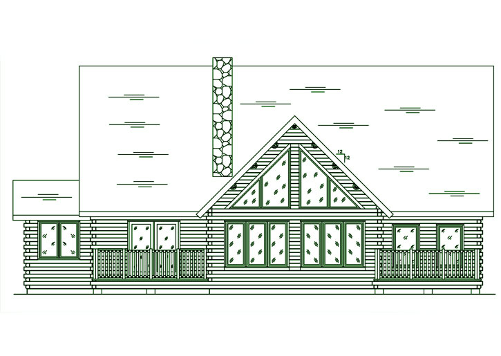Illustration of the Norfolk log home front view with large windows.