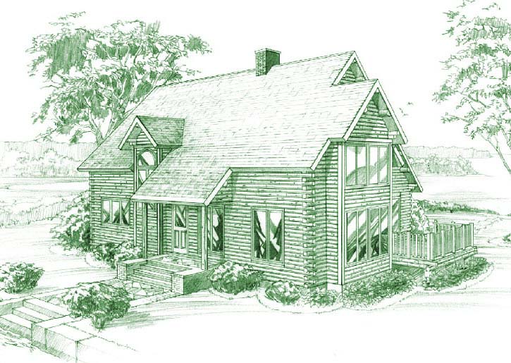Sketch of a log home with large windows and a deck.