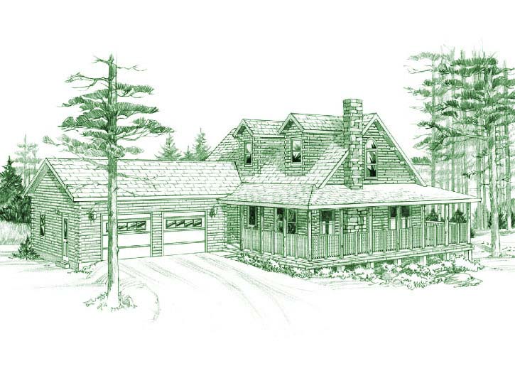 Illustration of a log home with wrap-around porch and garage