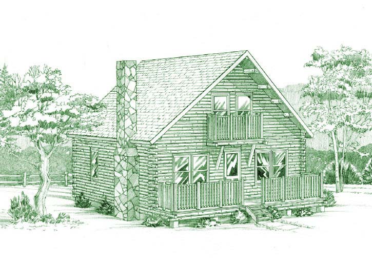 Chalet style log home with stone chimney and balcony.