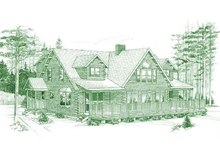 Illustration of a cedar log home with dormers and large deck