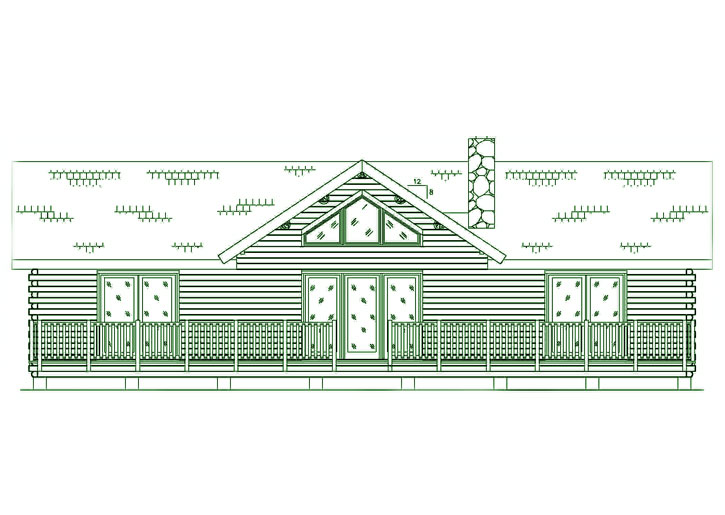 Illustration of Scottsdale log home with deck and chimney.