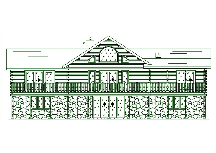 Front view of Sebago Lake log home with stone base.