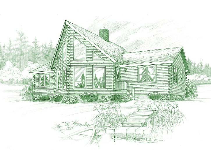 Sketch of a cedar log home with large windows and gable roof.