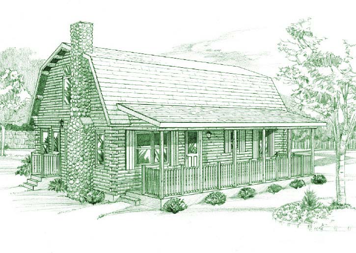 Sketch of a log home with gambrel roof and porch