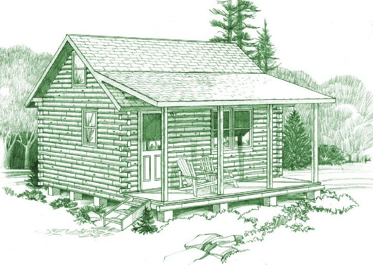 Illustration of a small log cabin with a porch and trees.