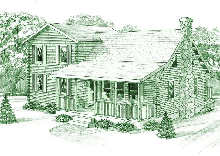 Two-story log home with stone chimney and porch.