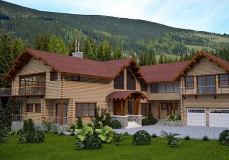 Two-story cedar log home with red roof in mountains
