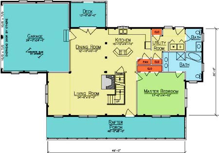 Floor plan of a log home with garage and porch