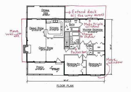 Floor plan with handwritten notes for modifications