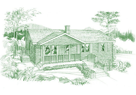 Sketch of a single story log home with trees around