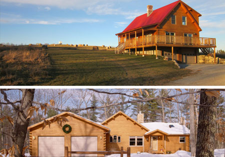 Two log homes, one with red roof, one in snowy forest