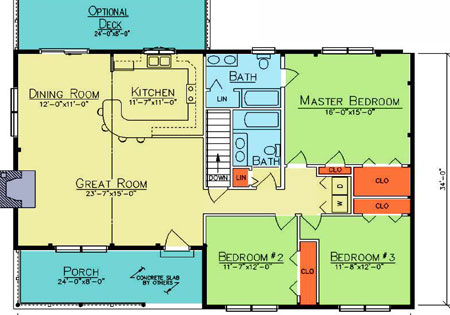 Floor plan of a small log home with three bedrooms