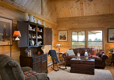 Warm cedar log living room with rustic decor