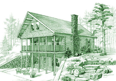 Two-story log home with stone chimney and porch