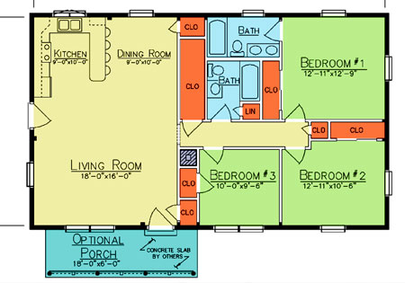 Single story floor plan with three bedrooms and two bathrooms