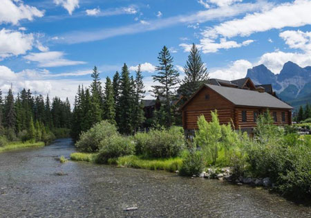 Log cabin surrounded by trees near a river