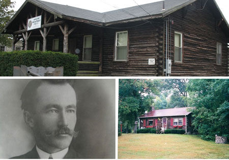 Two log homes and a black-and-white portrait of a man.