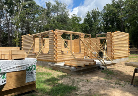 Partially built log home with wooden beams and trees