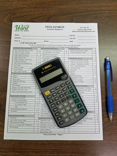 Calculator and pen on a price estimate document for log homes.