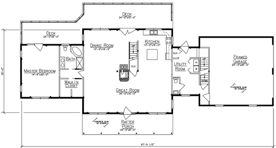 Detailed floor plan of a log home with multiple rooms and garage.