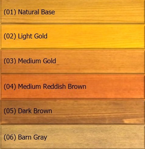 Six wood stain colors including natural, gold, brown, and gray.